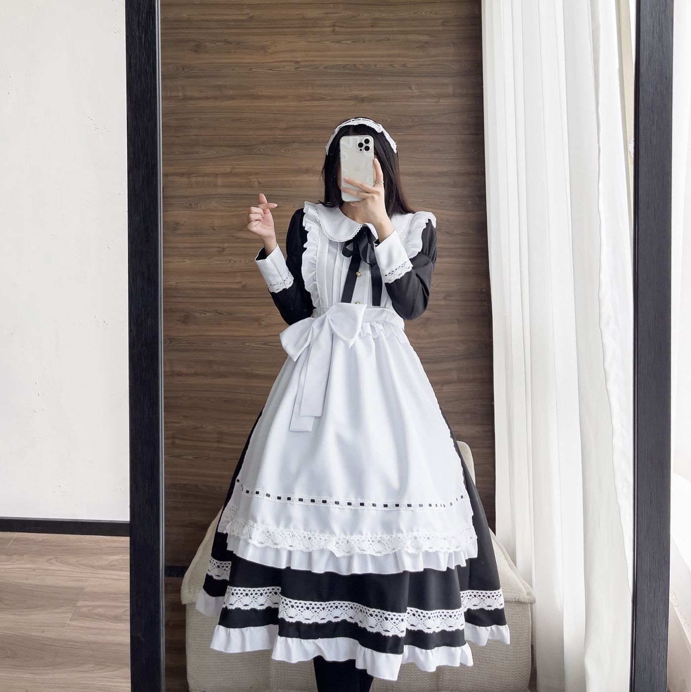 ロリータワンピース ♥ メイド服 ゴスロリ コスプレ イギリス風 レース リボン メイド コスチューム ロング 長袖 メイド服 レース 英国 ハロウィン メイドカフェ 喫茶店 仮装 女装 大きいサイズ luolita07