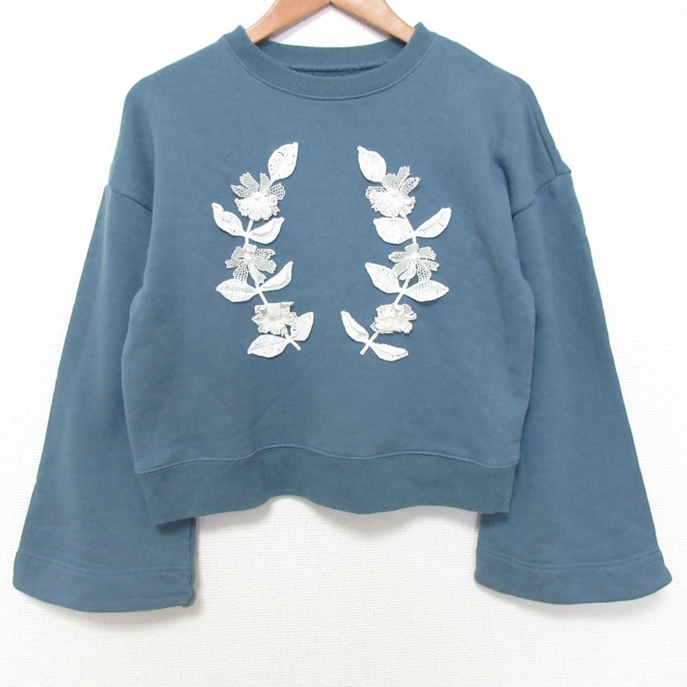 24SS MUVEIL ミュベール カメオ刺繍 裏毛プルオーバー スウェットシャツ サイズ36 ブルー レディース 古着
