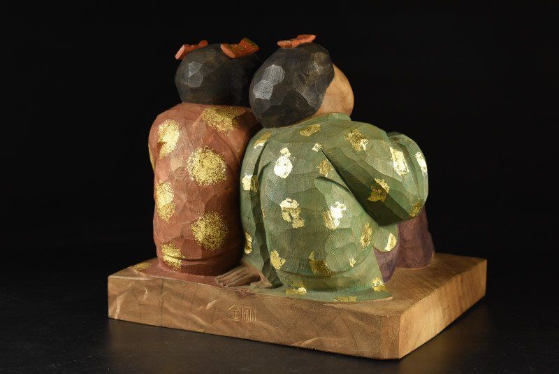 蔵A3401 日展評議員 和田金剛 木彫彩色 双童 共箱