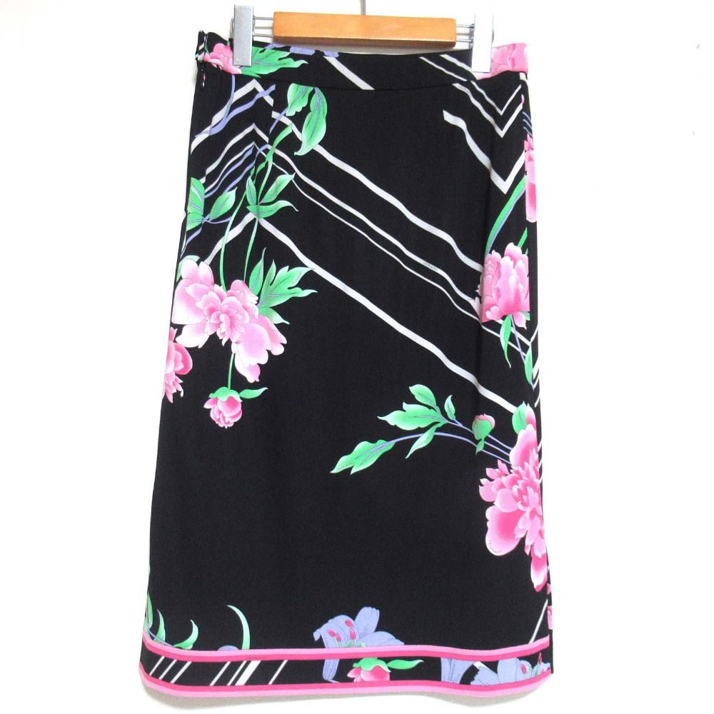 LEONARD FASHION レオナールファッション フラワープリント カンカンストレッチ スカート サイズ40 ブラック レディース 古着