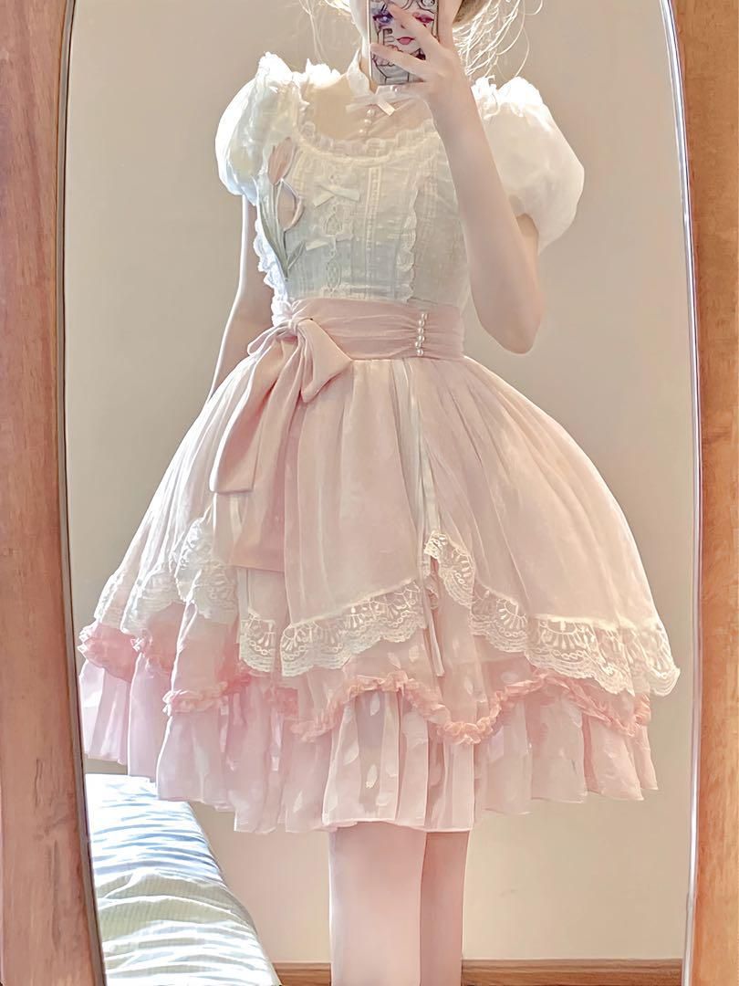 ♥ ロリータ ピンクフリルワンピース チューリップ刺繍 甘ロリ 撮影会にも◎