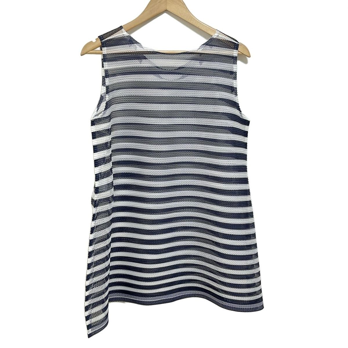 プリーツプリーズ チュニック サイズ3 L レディース - 白×ネイビー クルーネック ノースリーブ プリーツ メッシュ ボーダー