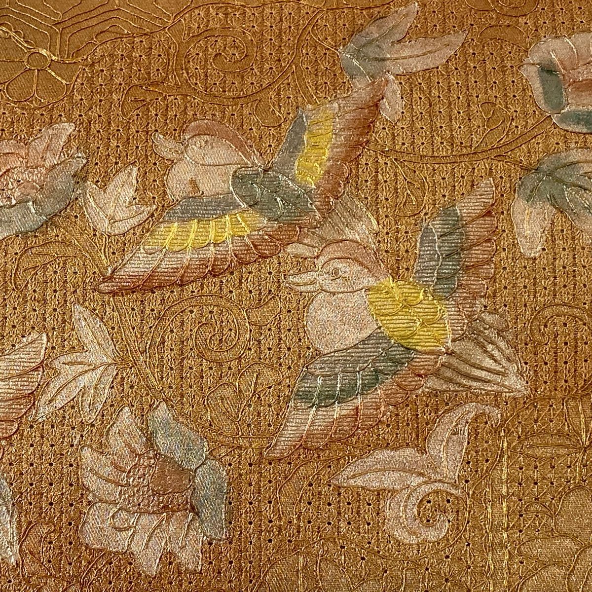 袋帯 秀品 花鳥 笹 刺繍 金彩 サーモンピンク お太鼓柄 正絹