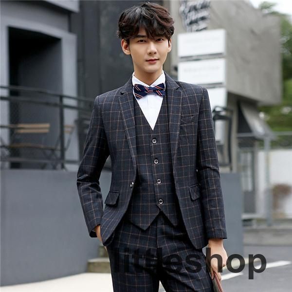 スリーピース スーツ メンズ ビジネススーツ チェック 1つボタン セットアップ 結婚式 3ピース カジュアルスーツ 細身 通勤 ビジネス パー