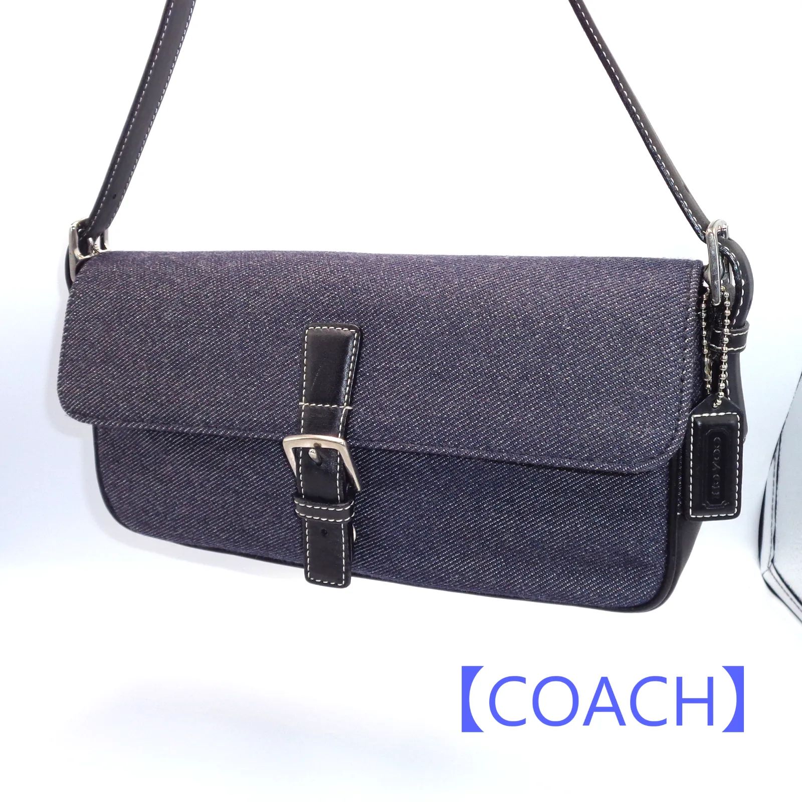 美品 coach ショルダーバッグ くすみブルー エルメスブルー-