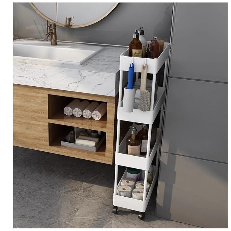SVOHZAV キッチンワゴン 隙間収納 キャスター付き 13cm 18cm 22cm ペットボトルラック 冷蔵庫横 洗面所 収納 隙間ラック 3段 4段 スリムワゴン 細い棚 調味料棚 (22cm-[四段式]， ホワイト) 1