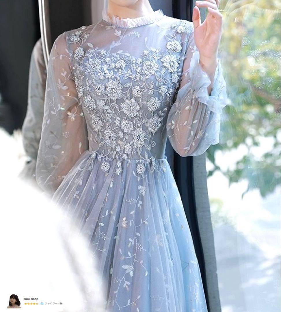 花柄の散りばめられた 美しい 長袖 イブニングドレス - メルカリ