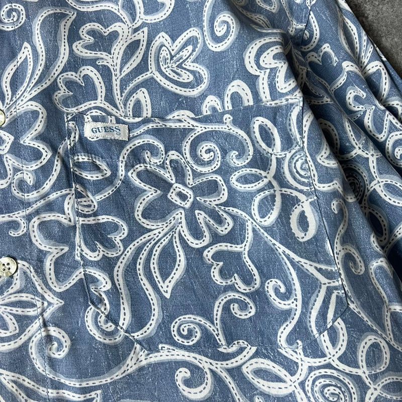 90's GUESS by Marciano 総柄シャツ ビンテージ 90s USA製 GUESS GEORGES MARCIANO 総柄 長袖 レーヨン シャツ M