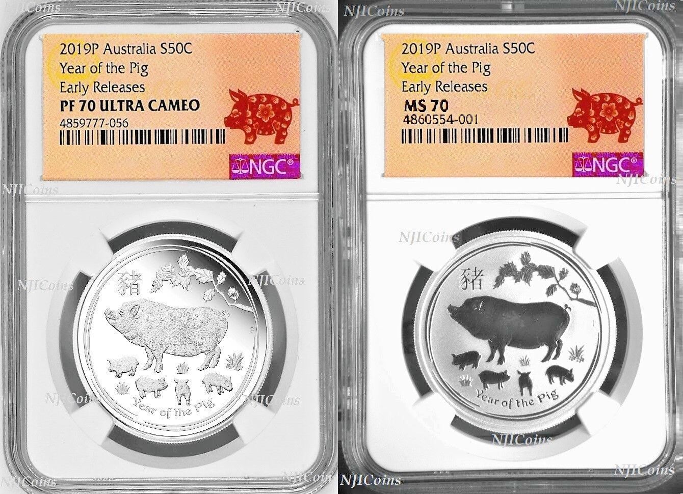 2-Coin-Set 2019 Lunar Year of the PIG 2x 1|2oz Silver NGC PF70 MS70 Proof BU ER