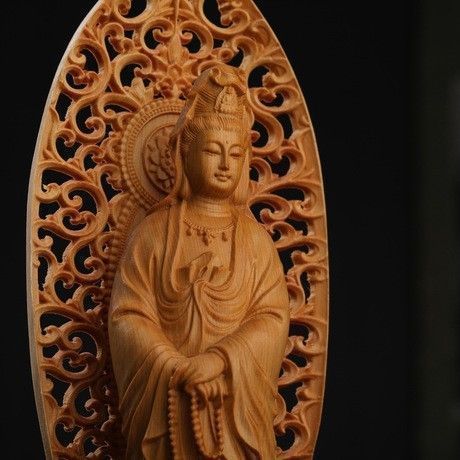 透かし背景 数珠 観音像 観音菩薩 立像 木彫り 仏像 置物 仏壇仏像 天然