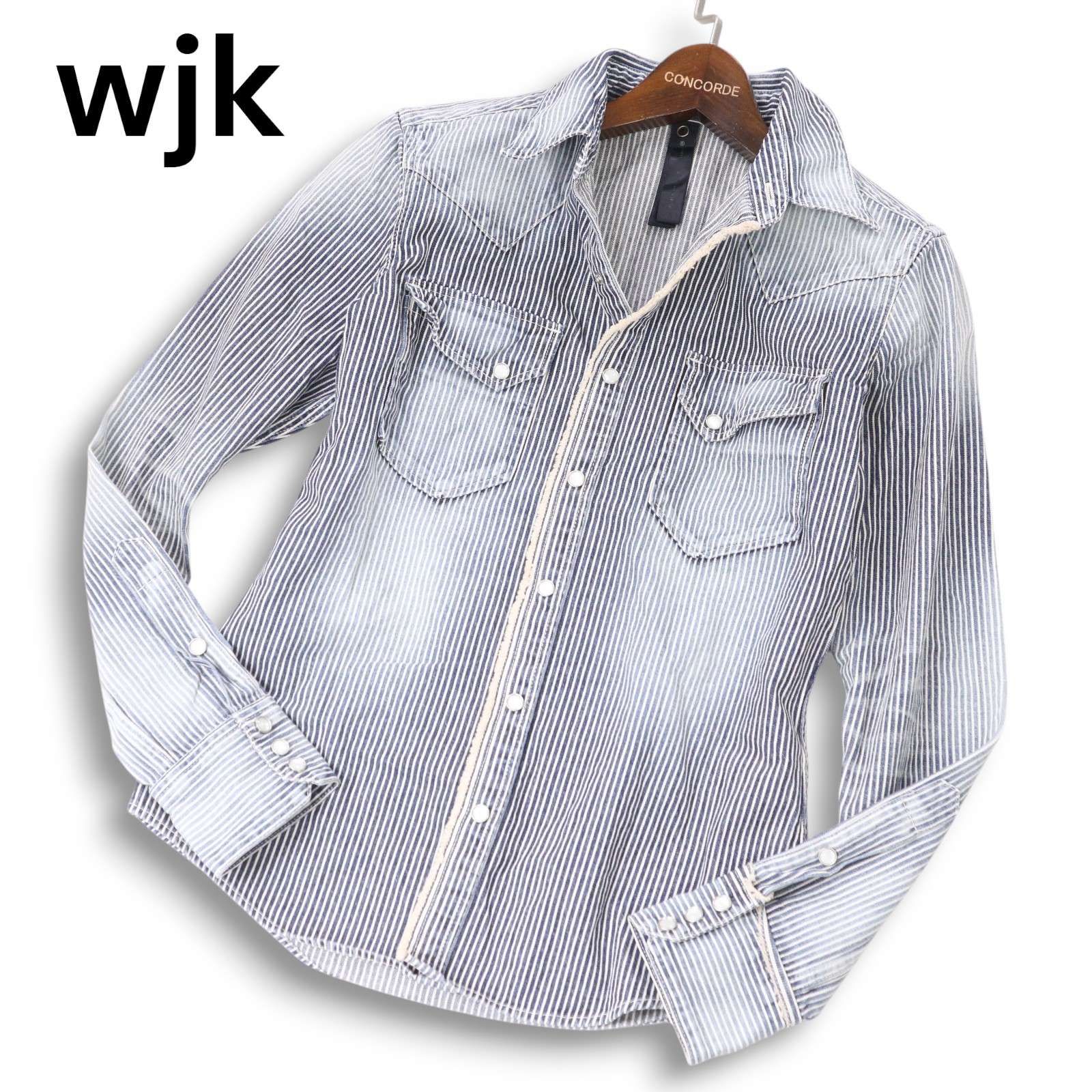 高品質，正規品 wjk ダブルジェイケイ 4047 dn81 通年 USED加工★ 長袖 ヒッコリー ストライプ ウエスタン デニム シャツ Sz.S メンズ 定4万 長袖シャツ