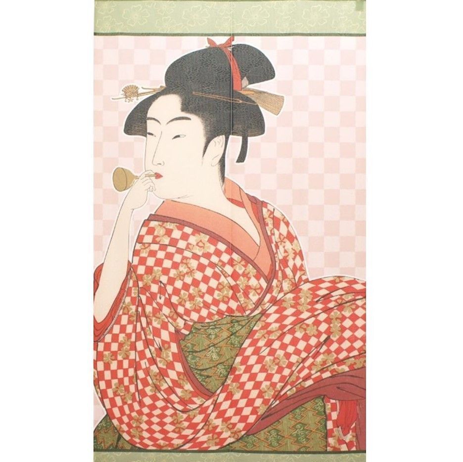 浮世絵のれん 「喜多川歌麿_ポッピンを吹く娘 02」85×150cm