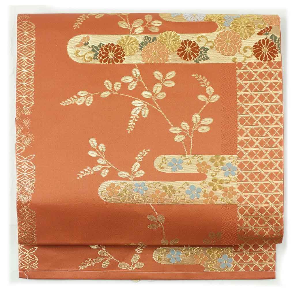 名古屋帯 幅31cm 長さ360cm レディース 霞 秋冬春用 正絹 シルク ブラウン リメイク リユース リサイクル 呉服のきくや