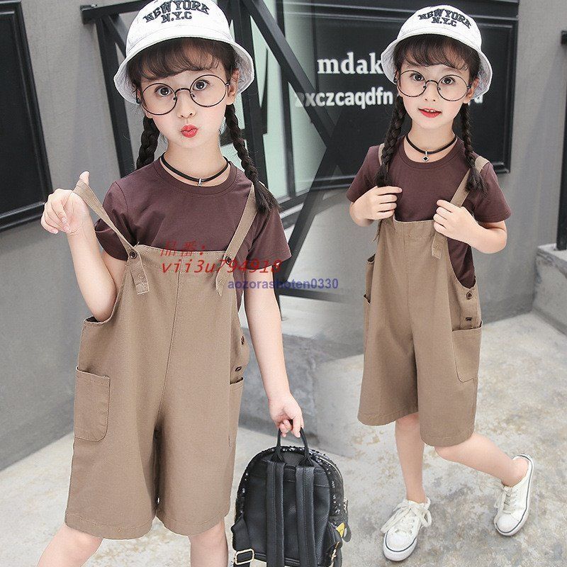 Tシャツ シャツ ショートパンツ サロペット オーバーオール 2点セット セットアップ キッズ 子供服 可愛い 韓流 カジュアル 上下セット女の子 ジュニア  vii3u794918