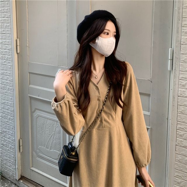 ワンピース ミドルドレス レディース Aライン ゆったり ミモレ丈 韓国デザイン 可愛い ハイウエス