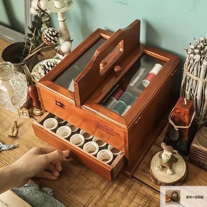 新品未使用】 裁縫箱 アンティーク 年代物 ソーイングボックス 木製 針箱