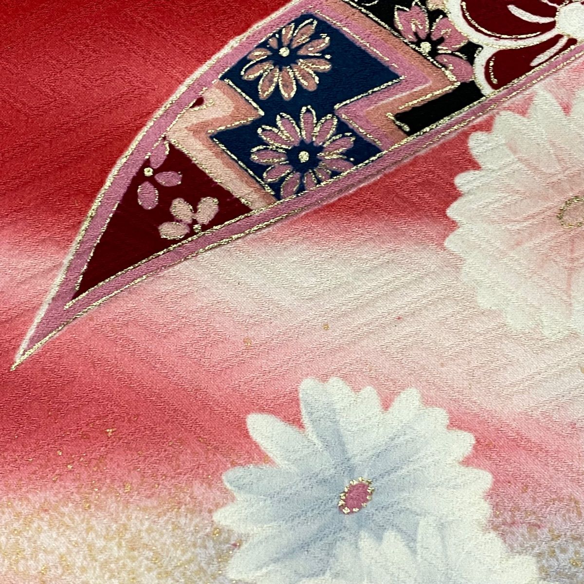 振袖 身丈159.5cm 裄丈65.5cm M 袷 笹 菊 金彩 ぼかし 赤 正絹 美品 秀  