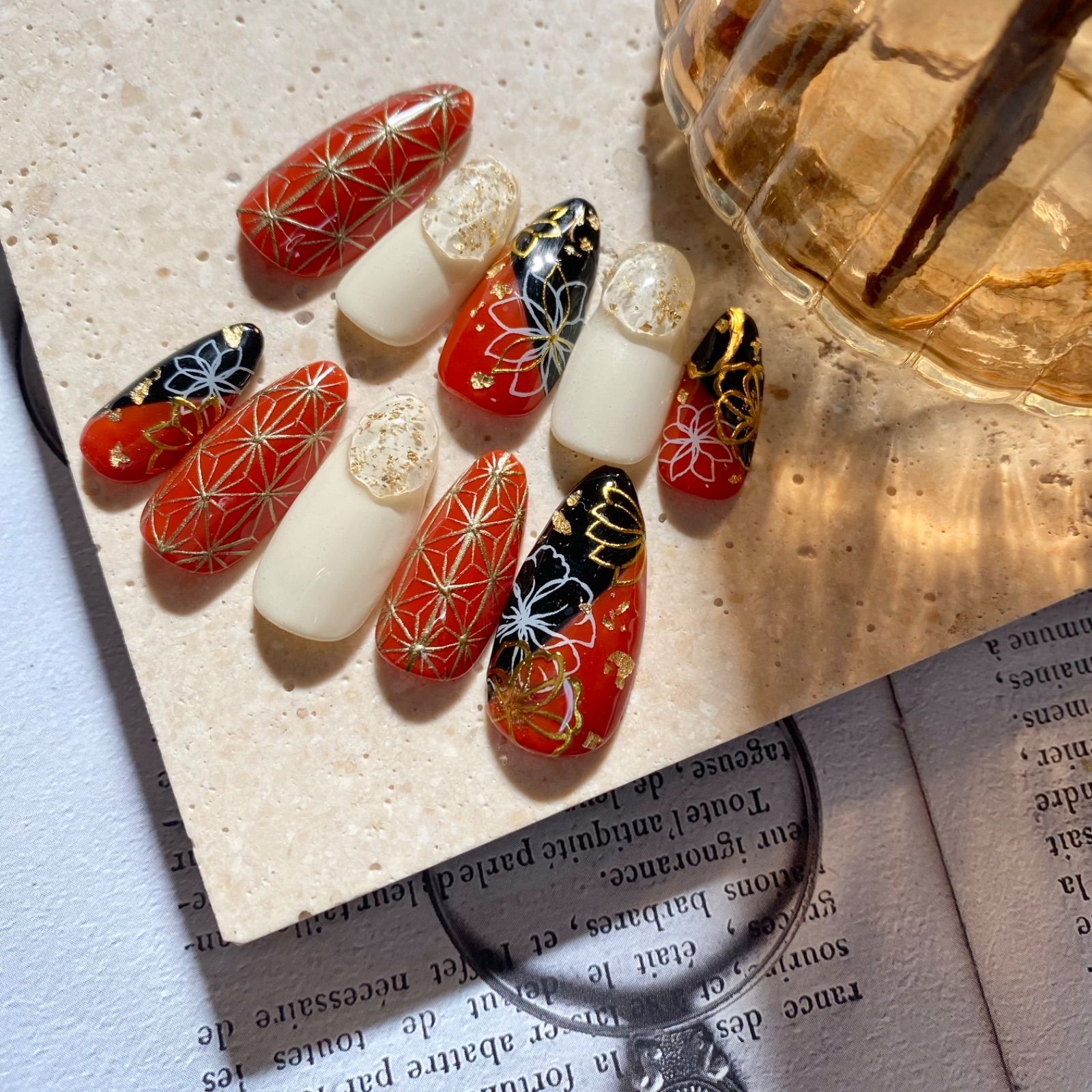 ネイルチップ ニュアンス卒業式成人式 前撮り 振袖 袴 着物 和柄 ネイビー