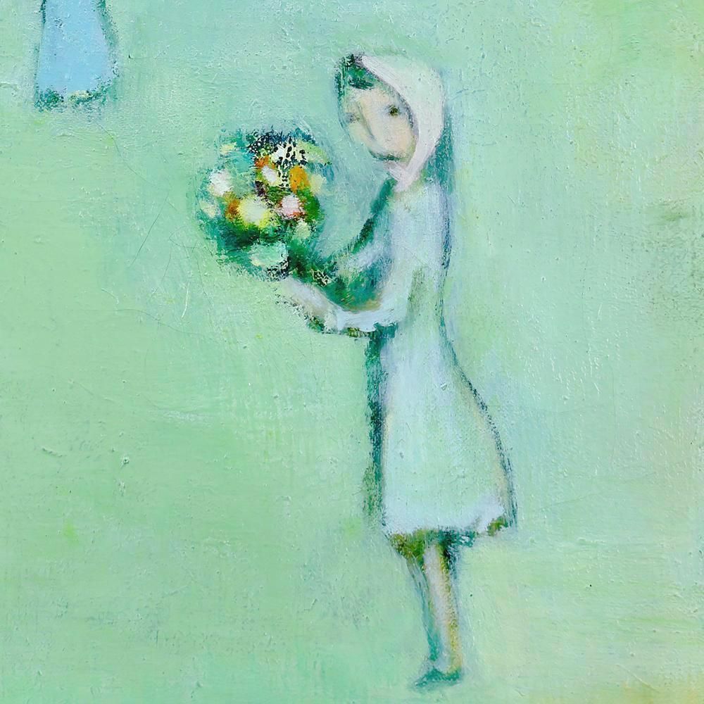 杢田たけを『小鳥と少女』 油彩画 原画 直筆サイン ささら