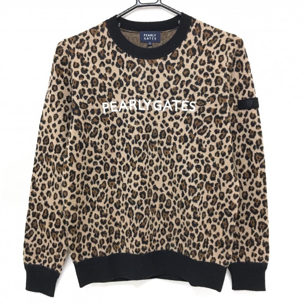 パーリーゲイツ セーター ベージュ系×黒 レオパード柄 ロゴ白 カシミヤ混 ニット レディース 0 S ゴルフウェア PEARLY GATES