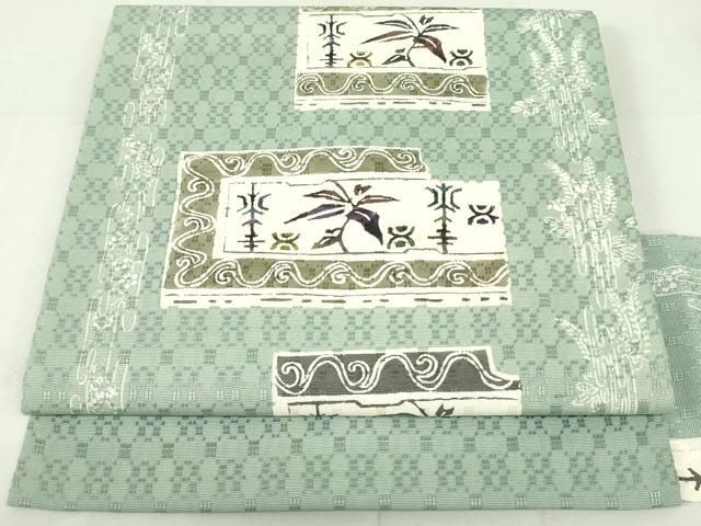 平和屋着物○本藍 紬 型染め 花唐草間道 正絹 逸品 AABA0089zg