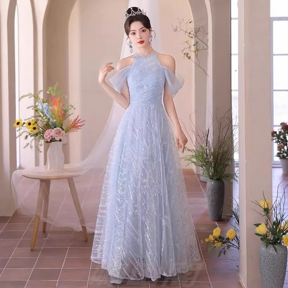 ブルー ロングドレス レディース 無袖 感 成人式 誕生日 卒業式 パーティー 学生 ホステス 演奏会用 おしゃれ Aライン XS-3XLWP 109