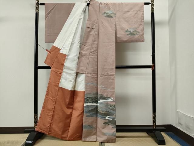 平和屋着物○訪問着 小千谷紬 亀甲柄 横段遠山樹林文 正絹