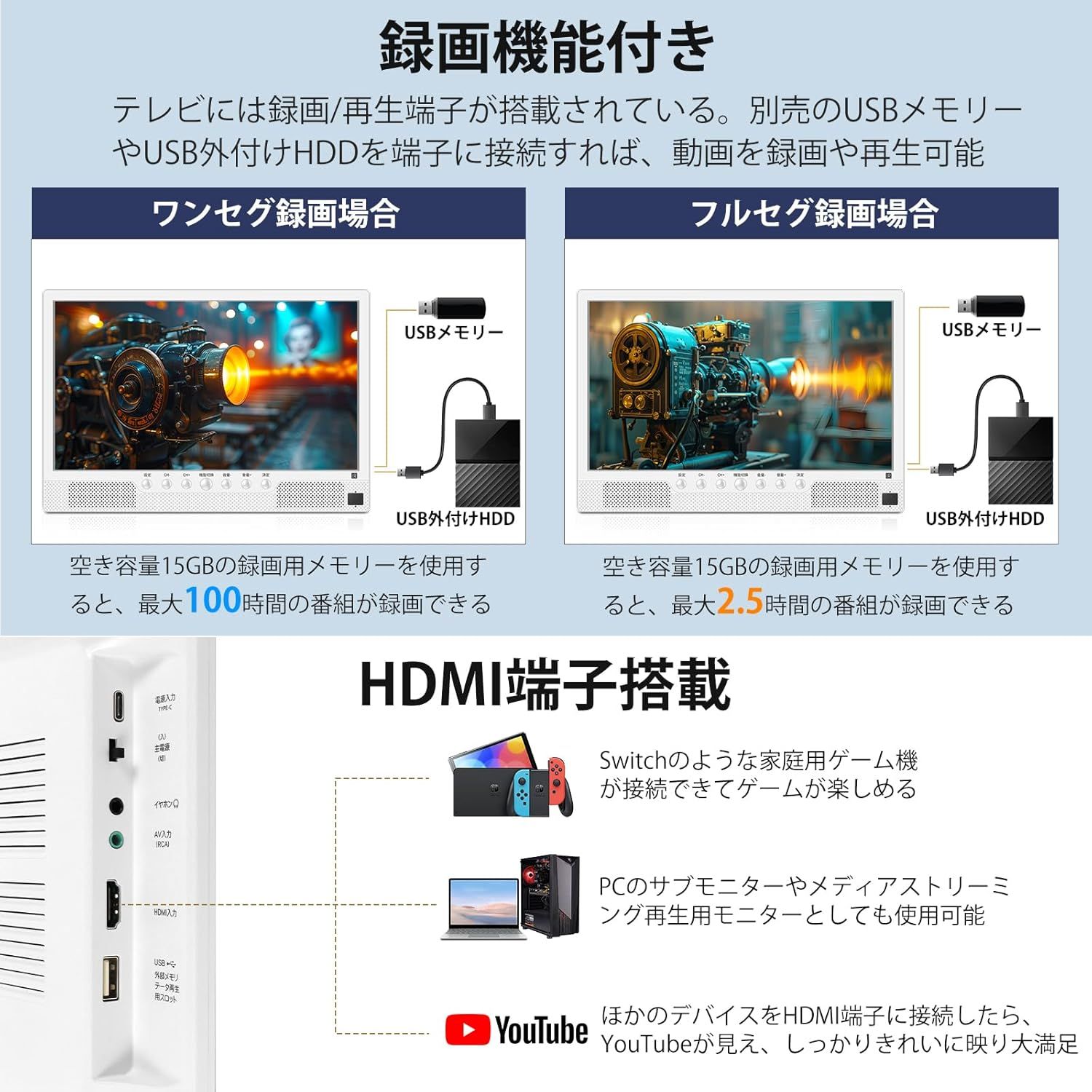 Amazon | [録画機能付き]ポータブルテレビ 2025新登場 テレビ