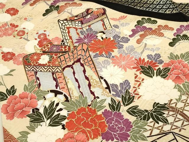 平和屋着物○アンティーク 大正ロマン 振袖 駒刺繍 流水草花文 金彩