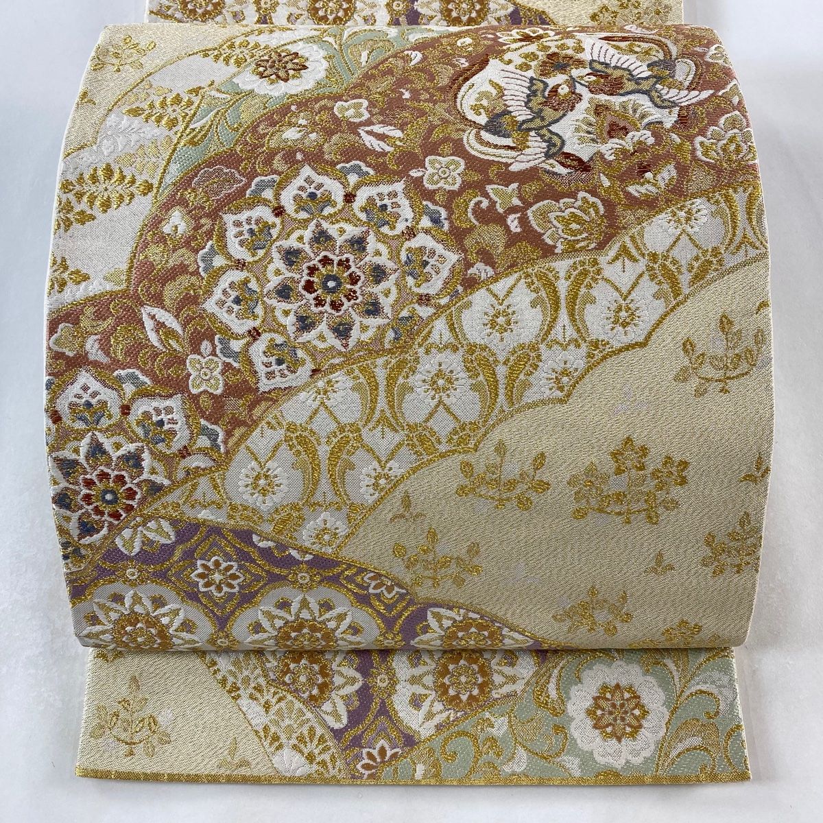 袋帯 美品 秀品 華文 向かい鳥 金銀糸 箔 ベージュ 六通 正絹