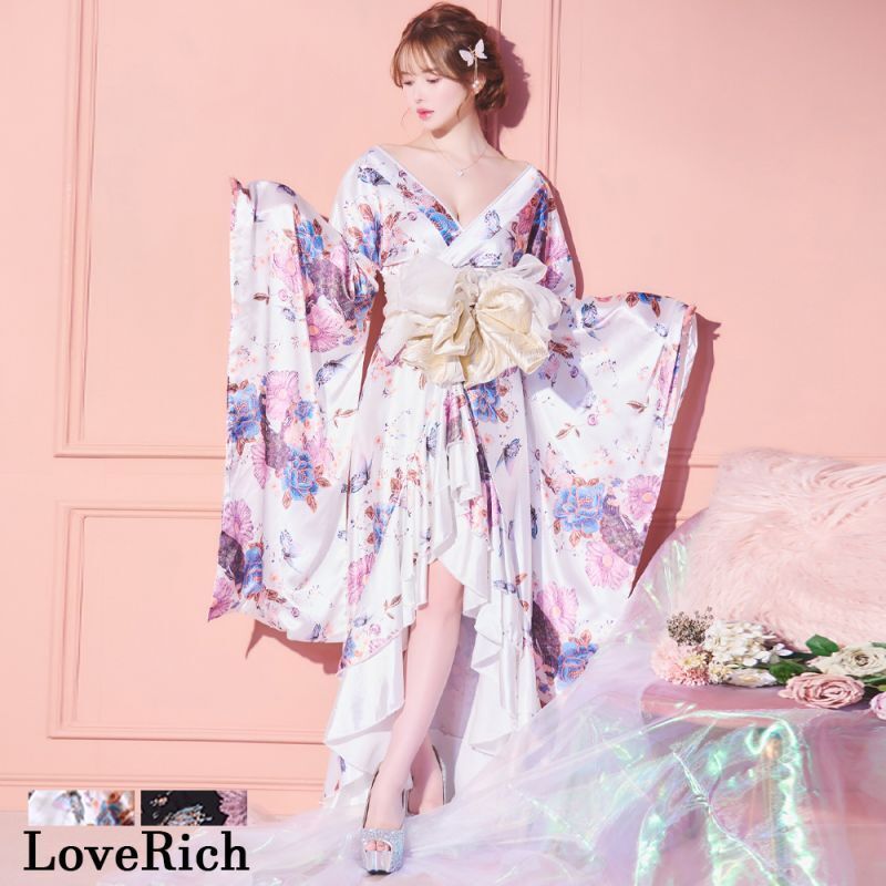 LoveRich ラブリッチ ライン 2カラー|2点セット 蝶々柄 フリル 花柄 ロング 豪華 帯 花魁 着物 ドレス コスプレ ハロウィン キャバドレス 1283