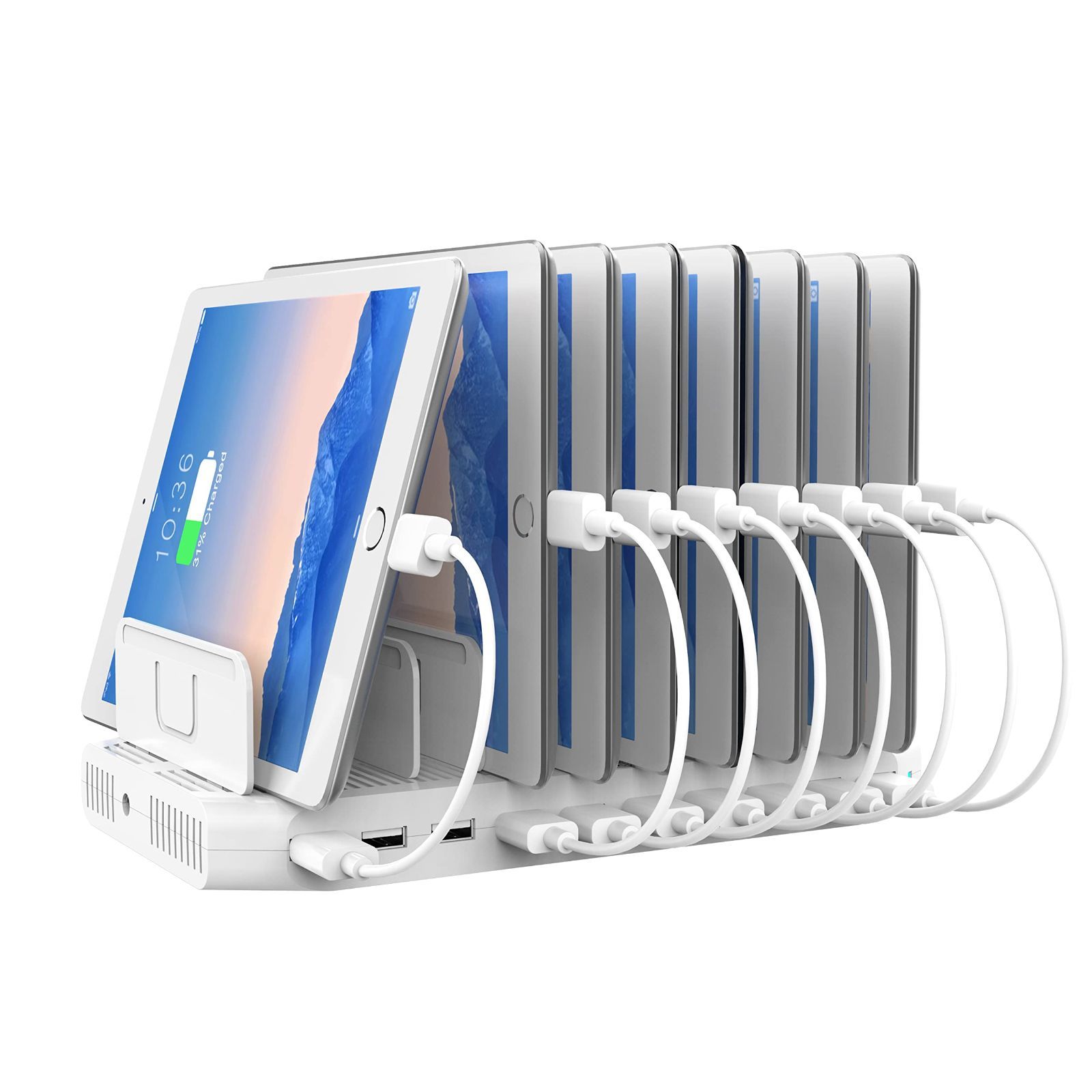 新着商品 卓上 収納便利 間隔調整 仕切り板 Android iPhone iPad kindle タブレット PSP 複数台対応 ホワイト スマートIC搭載 1.5A 2.4A 10台同時充電 PSE認証済 96W 卓上充電スタンド 10ポート USB