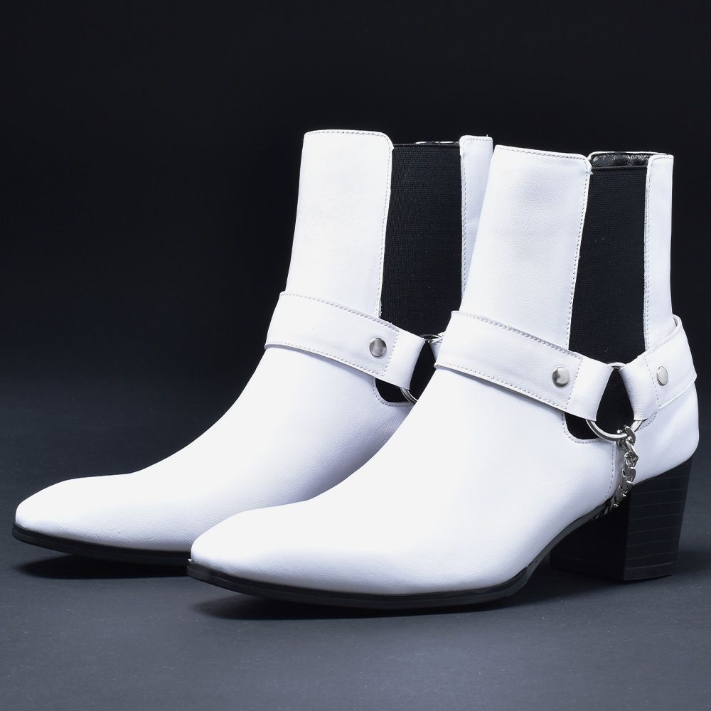 ヒールブーツ 3E エンデヴァイス サイドゴアブーツ メンズブーツ リング付き 本革 厚底ブーツ モード シルバーアクセント スタイリッシュ セクシー ヒール 高身長効果 クール 感 革靴 ワイド ホワイト 白 ELB660-2-CP-S