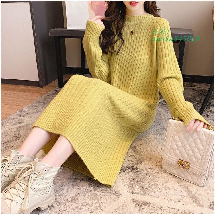 ニットワンピース レディース 無地 クルーネック プルオーバー ロングセーター 秋冬 モダン プリント 膝下 ファッション 厚手 無地 ゆったり 長袖 yan5a343019