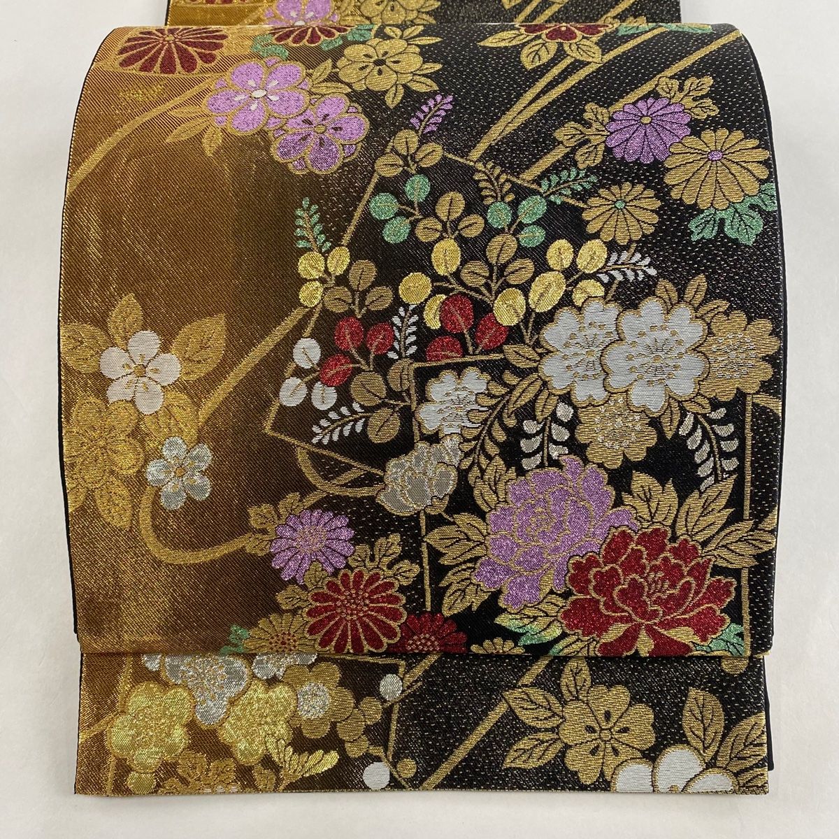 正絹 袋帯 ベージュ 金彩 御所車 花 鳥 刺繍 六通