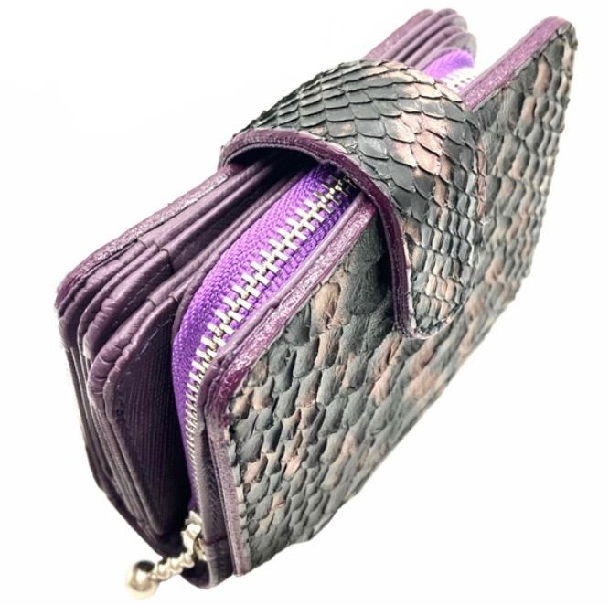 二つ折り財布 ダイヤモンドパイソン 黒 ブラック 紫 パープル マット