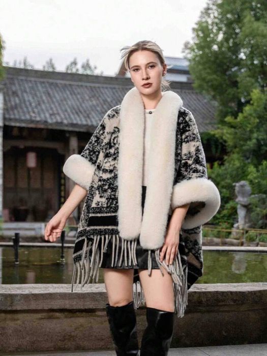 アクセサリー レディース スカーフ 1個 レディース プラスサイズ フェイクファー襟 インク絵柄 ショールカーディガン ホリデーパーティーや日常着に適したファッショナブル 秋冬