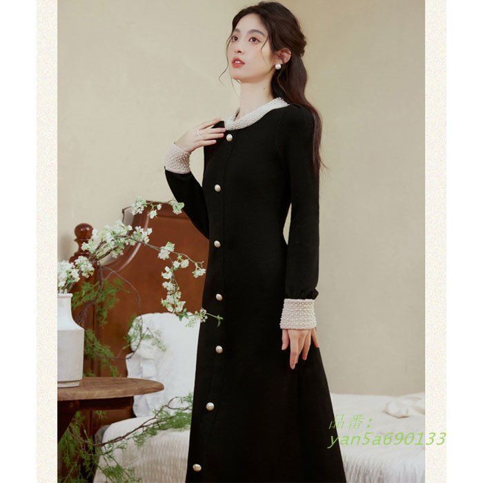 前ボタン シンプル長袖タイトロングニットワンピース