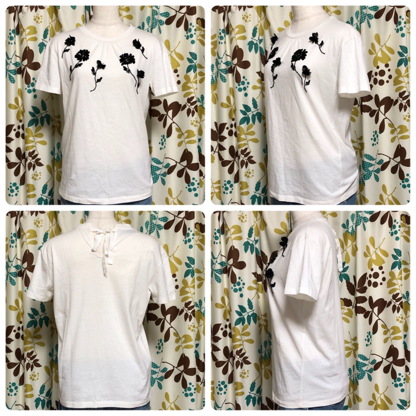 □良品□PRADA プラダ 半袖Tシャツ カットソー ビジュー・ビーズの花柄 