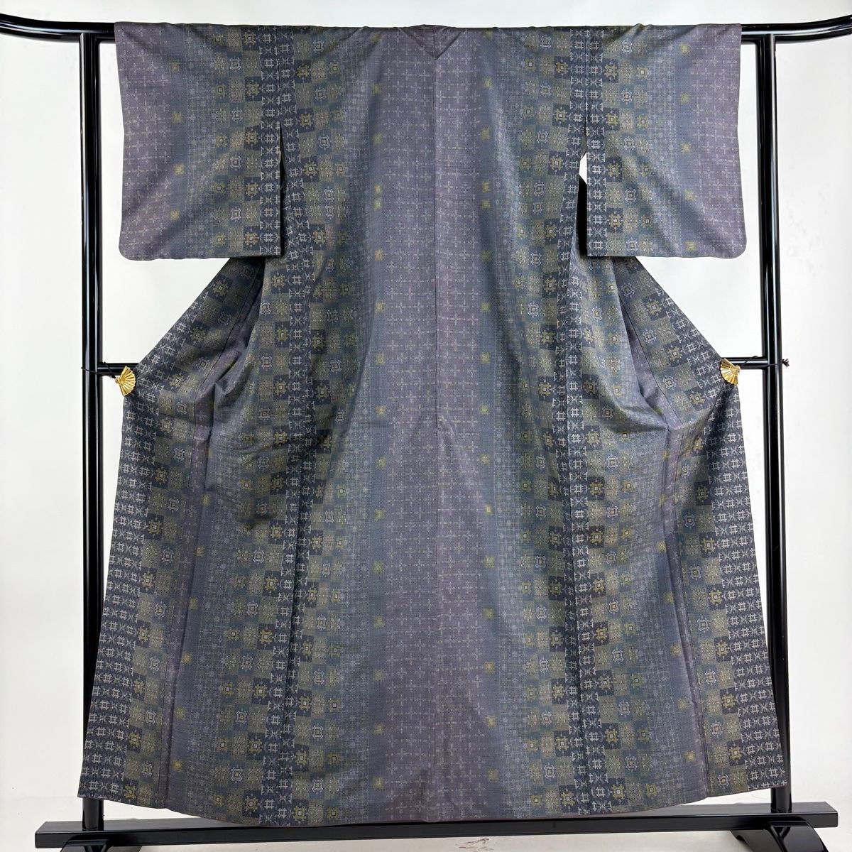 紬 身丈156cm 裄丈60cm S 袷 市松 幾何学模様 灰紫 正絹 秀品