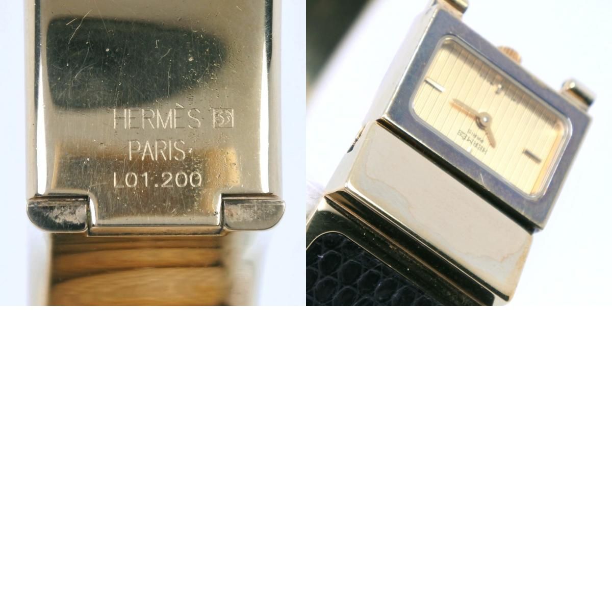 【HERMES】エルメス ロケ L01.201 金メッキ×リザード クオーツ アナログ表示 レディース ゴールド文字盤 腕時計