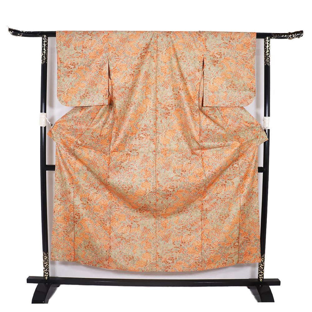 【単衣】鮮やかなオレンジの紬単衣　バチ襟　居敷当て無し 単衣】鮮やかなオレンジの紬単衣 バチ襟 居敷当て無し