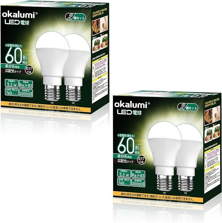 OKALUMI LED電球 E17口金 ミニクリプトン・ミニランプ形電球 昼白色 小形電球 広配光 調光不可 断熱材施工器具/密閉器具対応 4個セット( 昼白色5000K，  60w形)