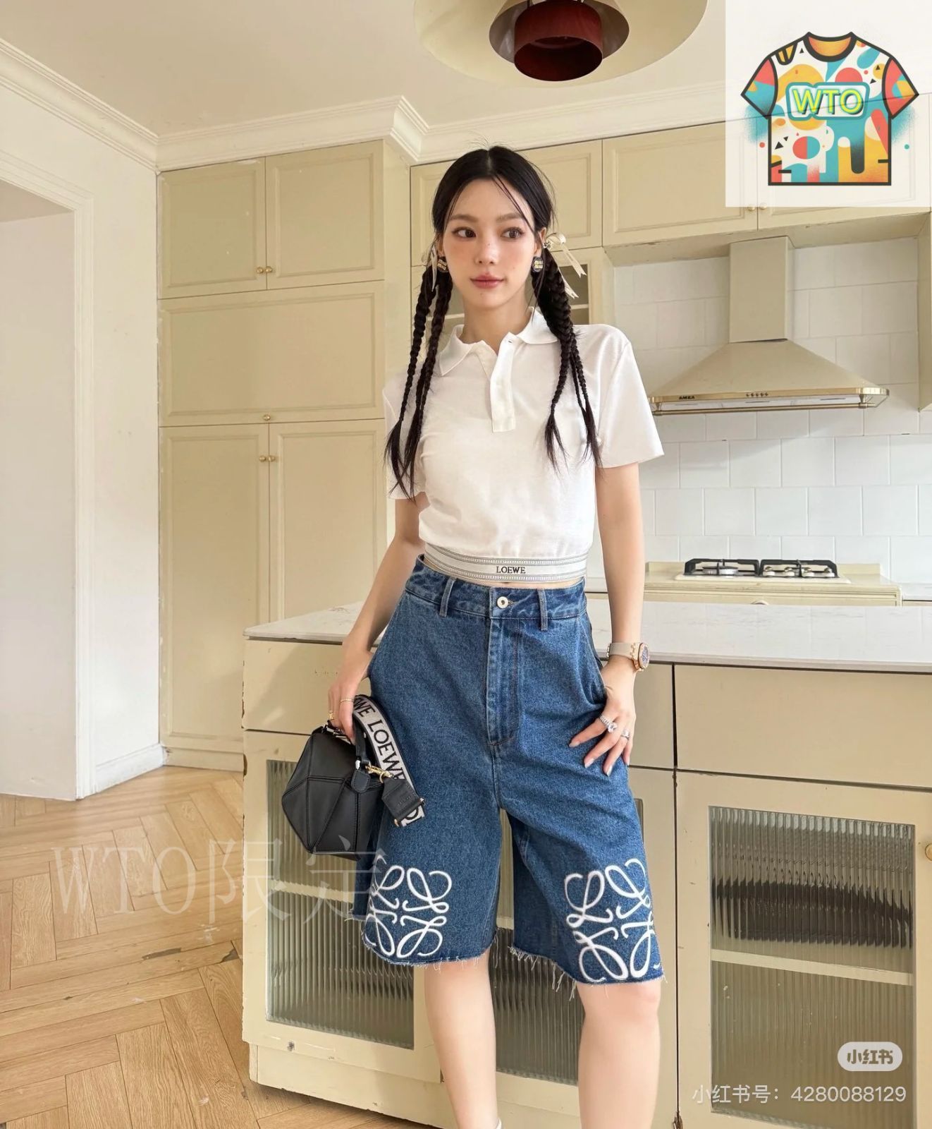 上質カジュアル*LOEWE*レザータイ付き デニムショートパンツ S359Y11XB9_5320_1F.jpg