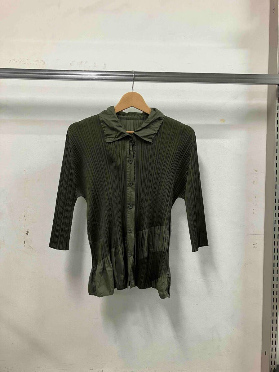 PLEATS PLEASE プリーツプリーズ イッセイミヤケ プリーツシャツ カーキ 長袖シャツ ブラウス サイズ4 PP83-JJ582