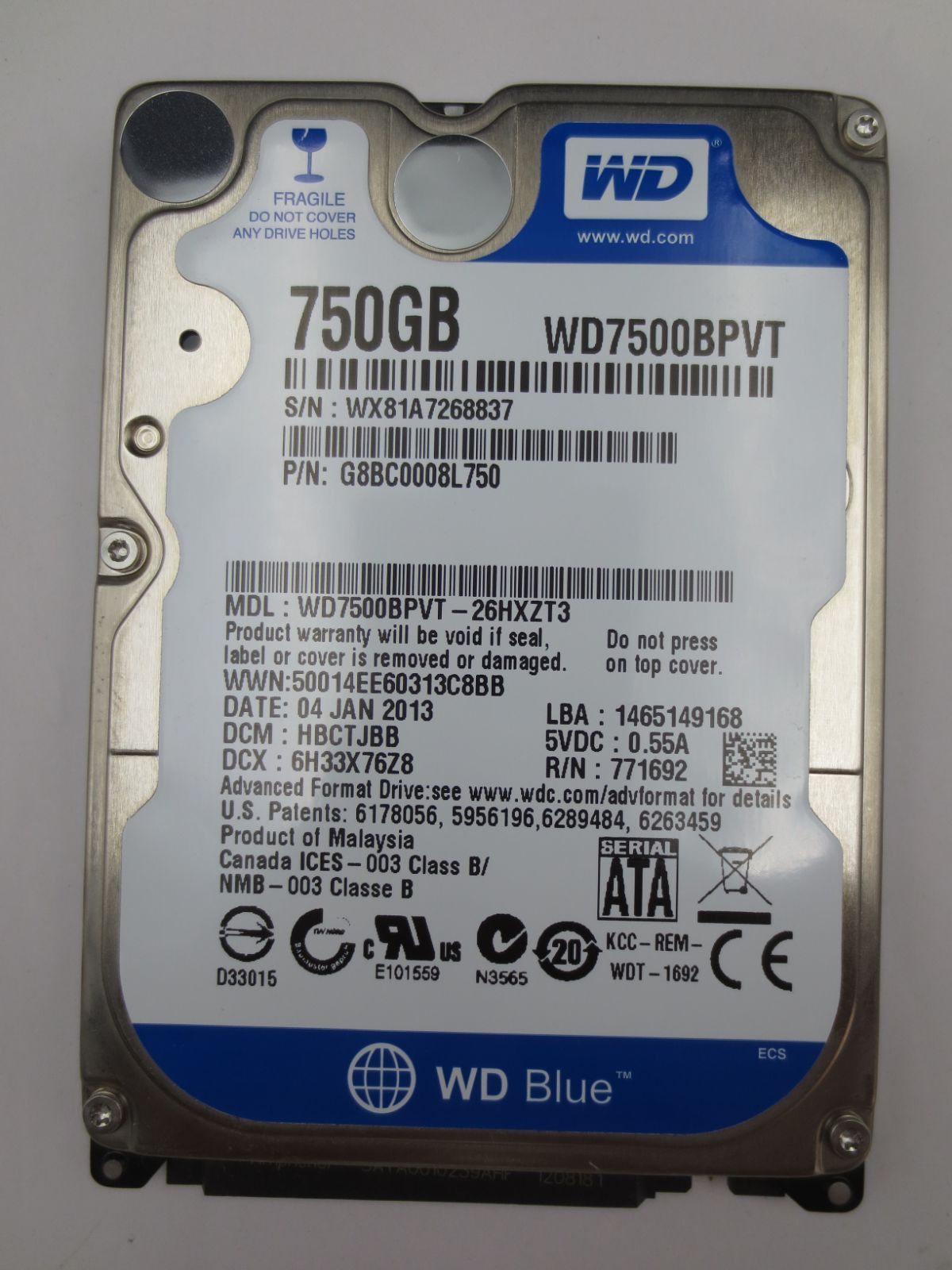 中古動作品】Western Digital 2.5インチ 9.5mm HDD SATA(Serial ATA