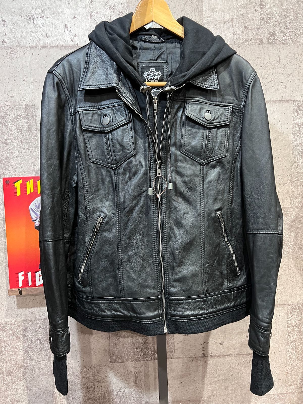 本革 パーカー レイヤード レザージャケット 2XL ジージャン ブラック フード
