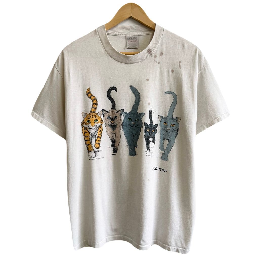 ONEITA オニータ 猫 ネコ cat フロリダ Florida シングルステッチ 半袖Tシャツ 白系 Lサイズ No.Y396