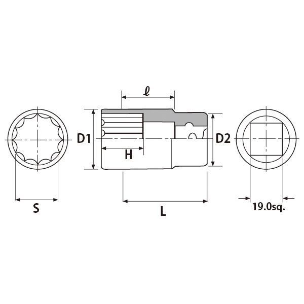 KTC 京都機械工具 19.0SQ ディープソケット 12角 44mm B6L-44W