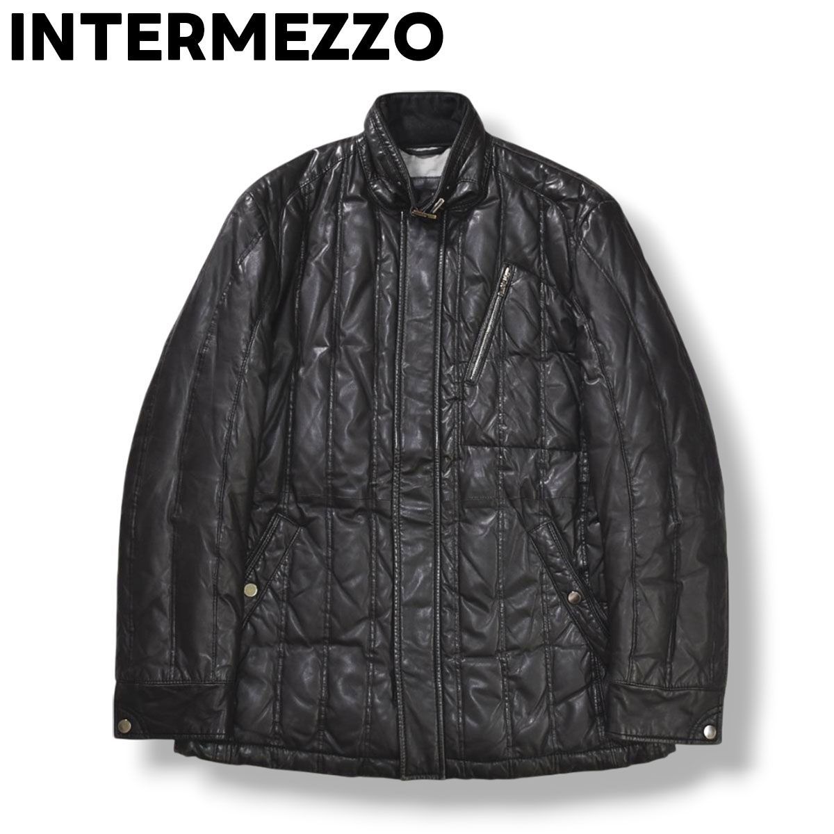 【本革】 日本製 インターメッツォ INTERMEZZO 羊革 ラム レザー キルティング ダウン ジャケット 革ジャン ジップアップ スナップボタン 総裏地 L ブラック モード カジュアル メンズ